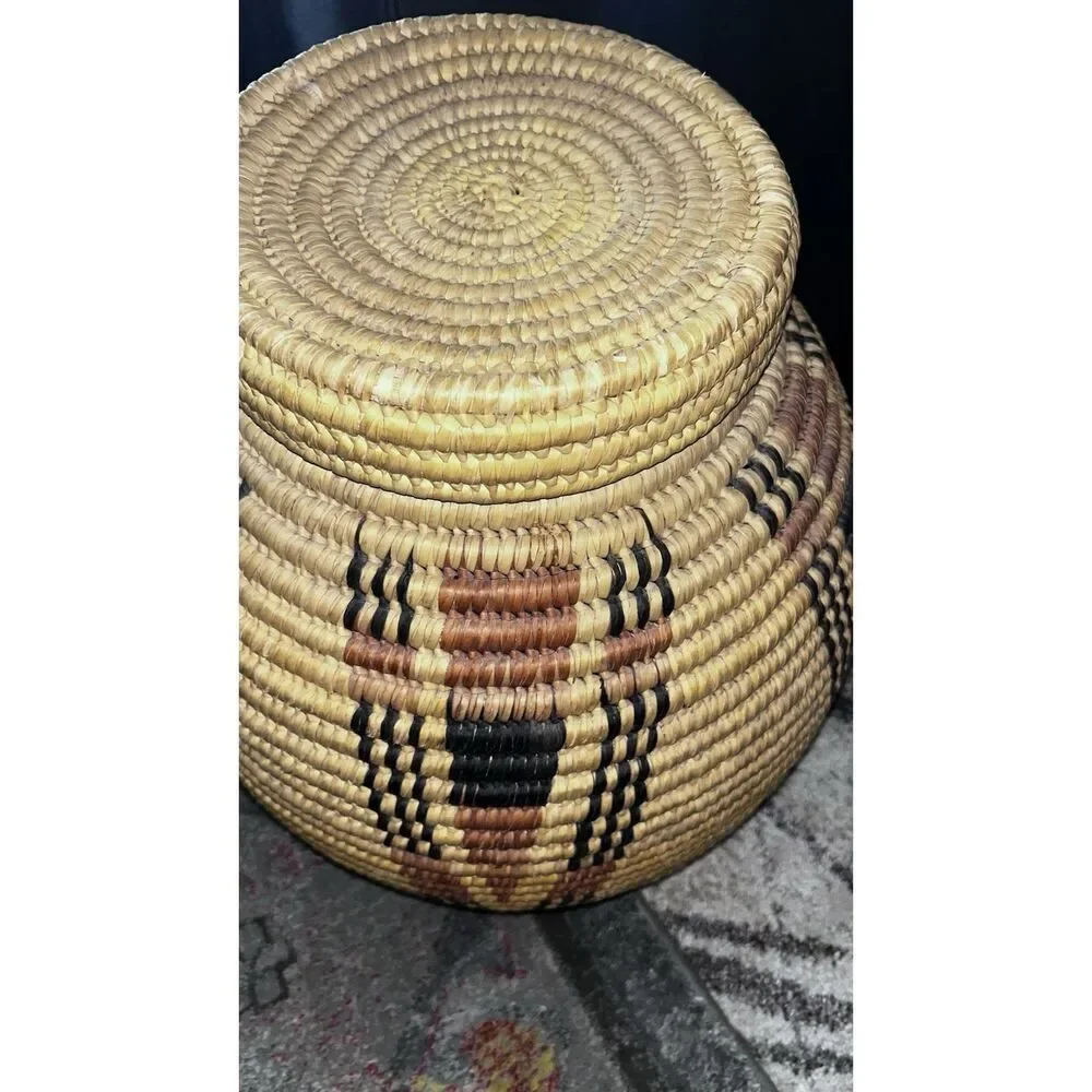 Kenya Vintage Weave Large Basket 24” Tall Beige Round With Lid